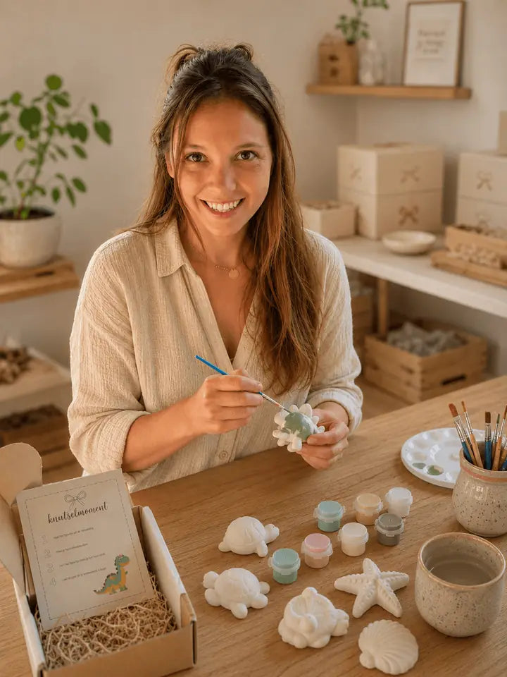 Sarah in haar atelier terwijl ze een knutselmomentje afwerkt